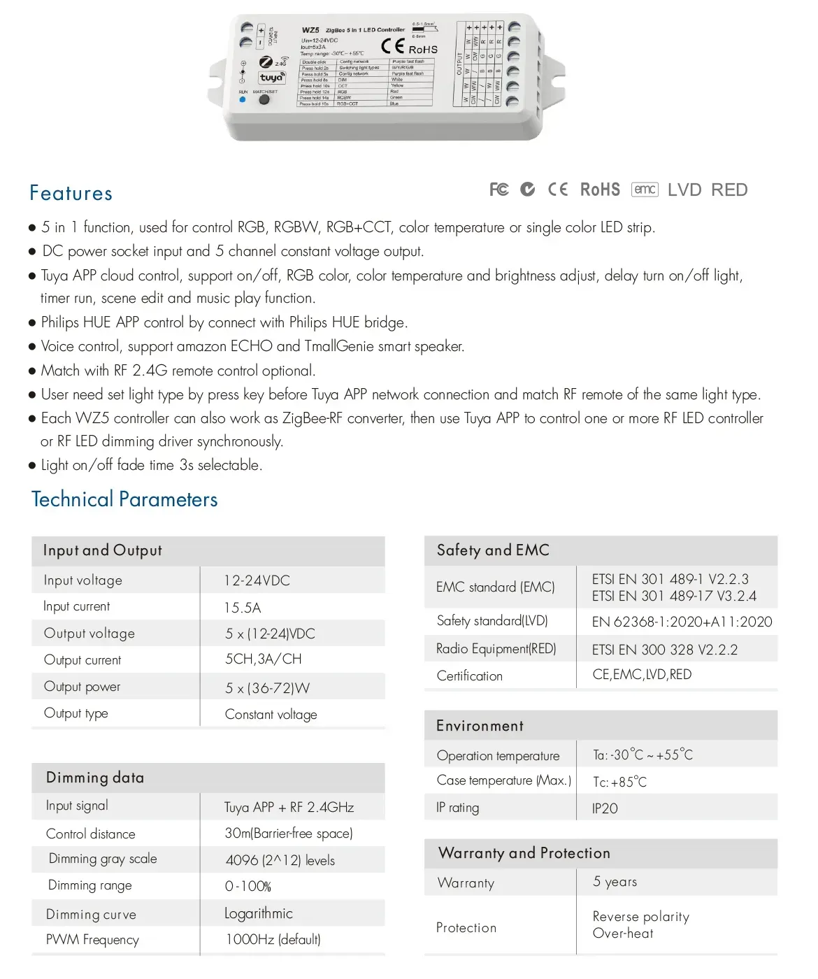 Kontroler LED 5 w 1 12-24 V DC, 3 A * 5 kanałów